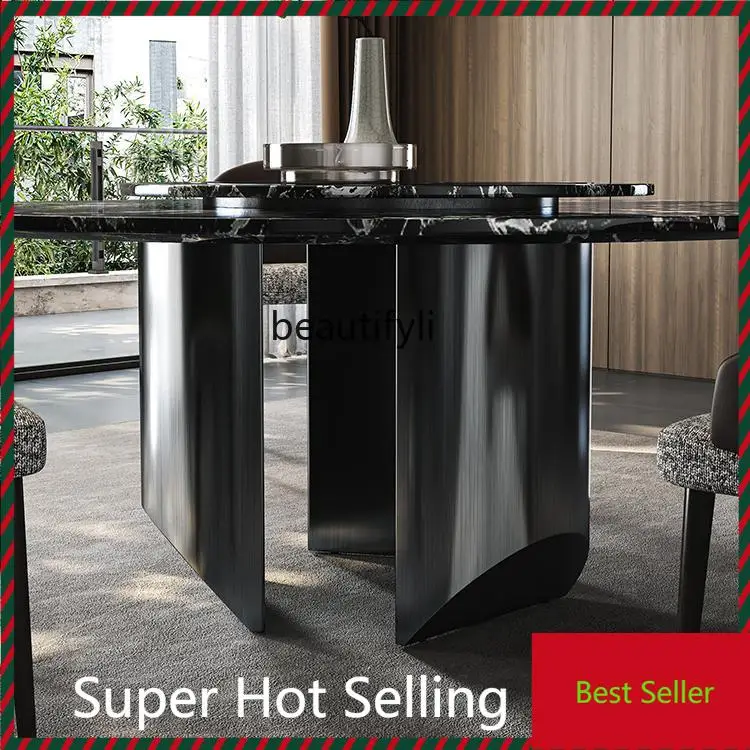 

G1218 G1218 Natural black dining table Italian light luxury round dining table natural marble with turntable