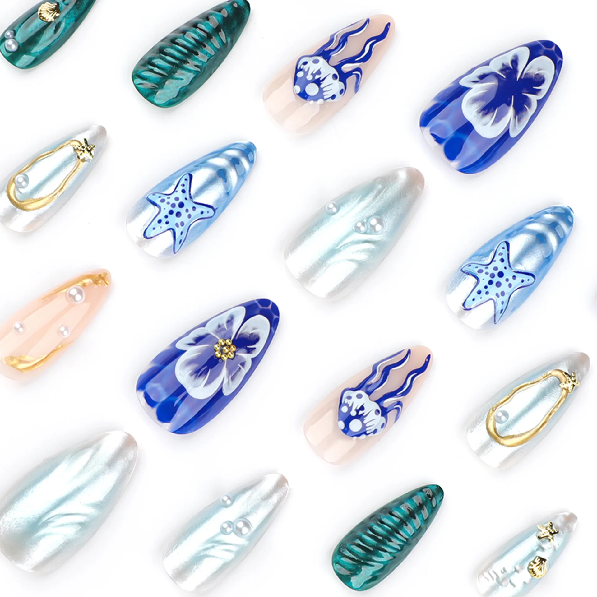 24 قطعة التدرج الأزرق اللوز الأظافر كاذبة للصيف ثلاثية الأبعاد لطيف قنديل البحر نجم البحر اللؤلؤ ديكور اضغط على الأظافر عطلة يومية مانيكير
