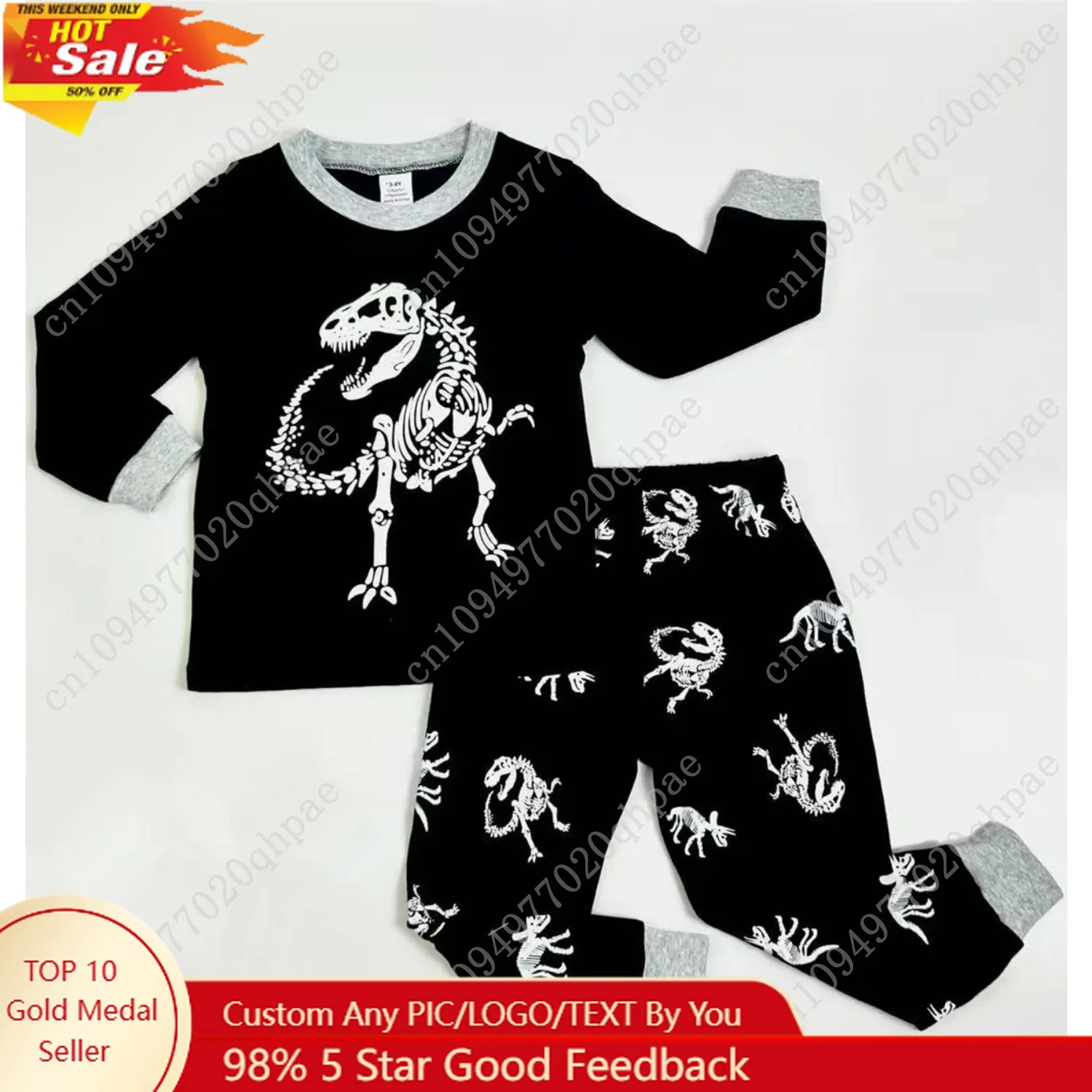 

Boys Cartoon Dinosaur Skeleton Print Loungewear 2-Piece Pajamas Sets