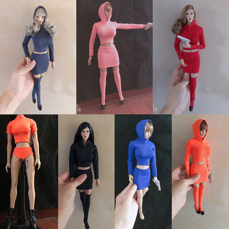 1/6 Scale Short Sleeve Skinny Pullover Hooded Top Hip Skirt Leggings Stocking Accessory Model for 12 inches Action Figure