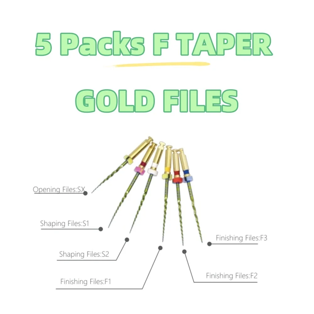 

5packs F TAPER Gold Rotary Files F1 F2 F3 SX S1 S2 SX-F3 21/25/31mm 6 files/pack Endo Rotary Engine Use Root Canal NITI File