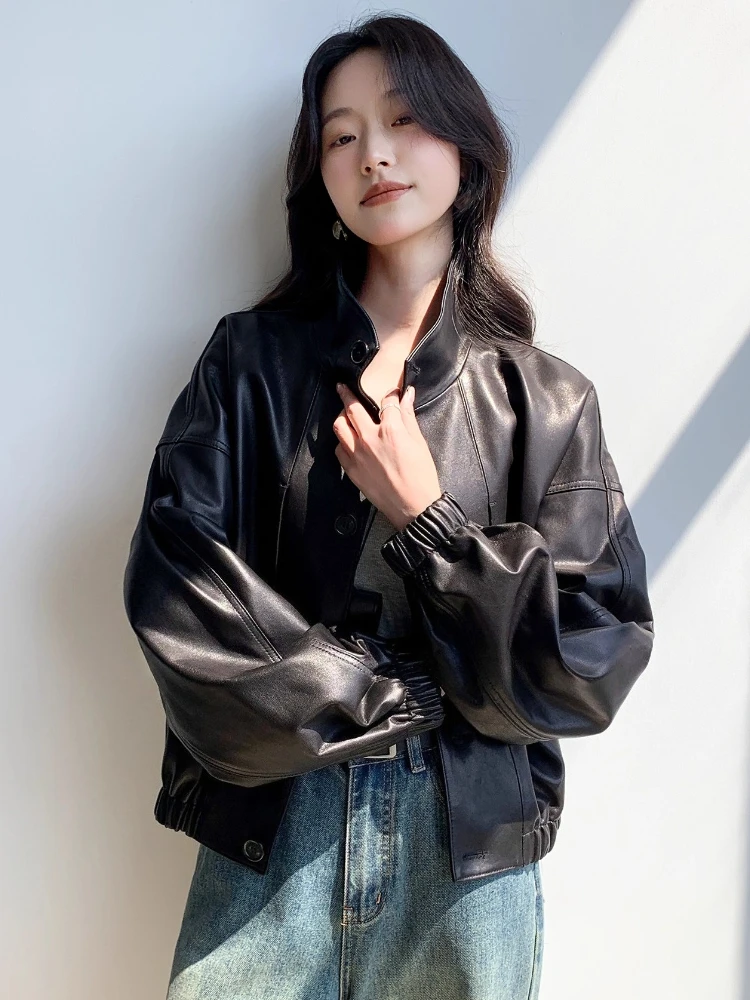 Giacche da moto casual corte in vera pelle da donna primavera autunno colletto alla coreana semplice di fascia alta cappotto morbido e morbido in vera pelle di pecora