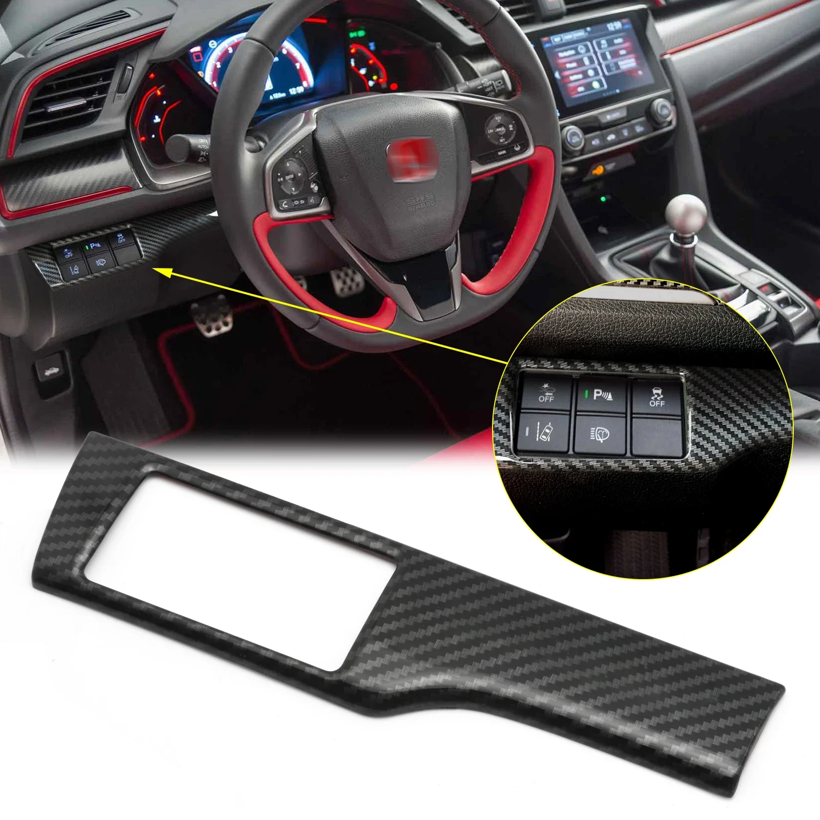 Carbon Fiber Style Interior Headlight Switch Button Frame Cover Molding Trim Decal For Honda Civic 2016 2017 2018 2019 2020 2021