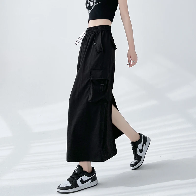 Women Cargo Skirt for Women Y2K Adjustable Back Slit High Waist Casual Straight Midi Jean Skirt Elastic Waist Korean Fashion