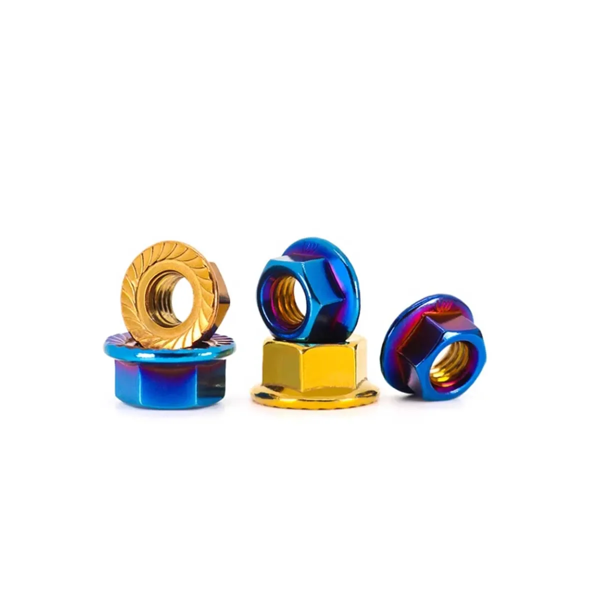 

Stainless Steel Embossed Hexagonal Flange Nut/Blue Titanium Anti Slip Anti Loosening Tooth Nut For Modification Only