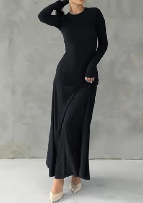 

Women Dresses 2026 Spring Autumn New Solid Color Round Neck Long Sleeved Slim Fit Temperament Long Dress