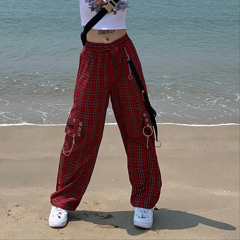 Harajuku Street Women's Plaid Pants Casual Loose Spring Summer Wide Leg Pants Woman Y2K Vintage High Waist Straight Tousers 2024