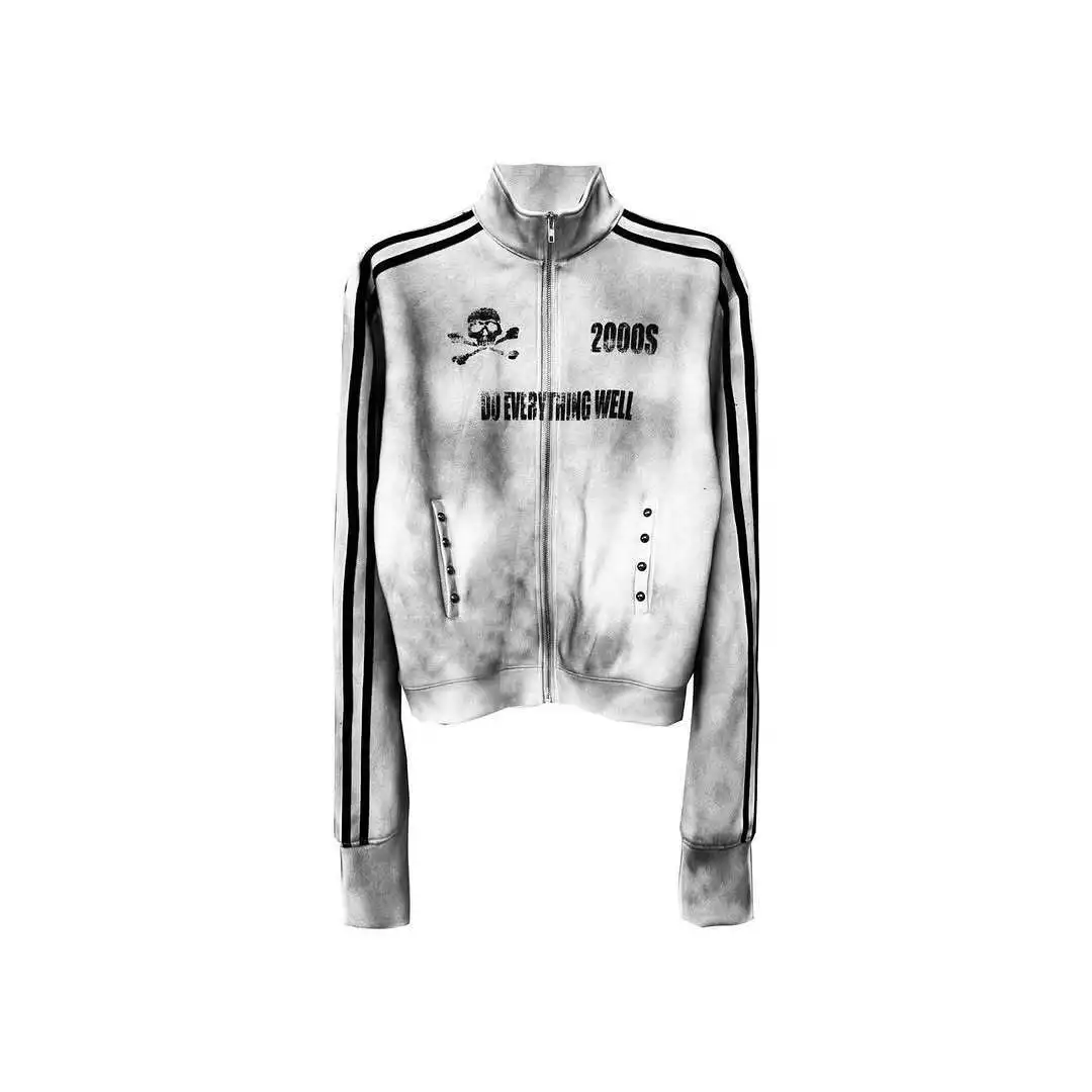 Mode Buchstaben Schädel Gedruckt Reiten Vintage Sweatshirt Cool Trend 2000er Jahre High Street Lange Ärmel Lose Hochgeschlossenen Reißverschluss Mantel