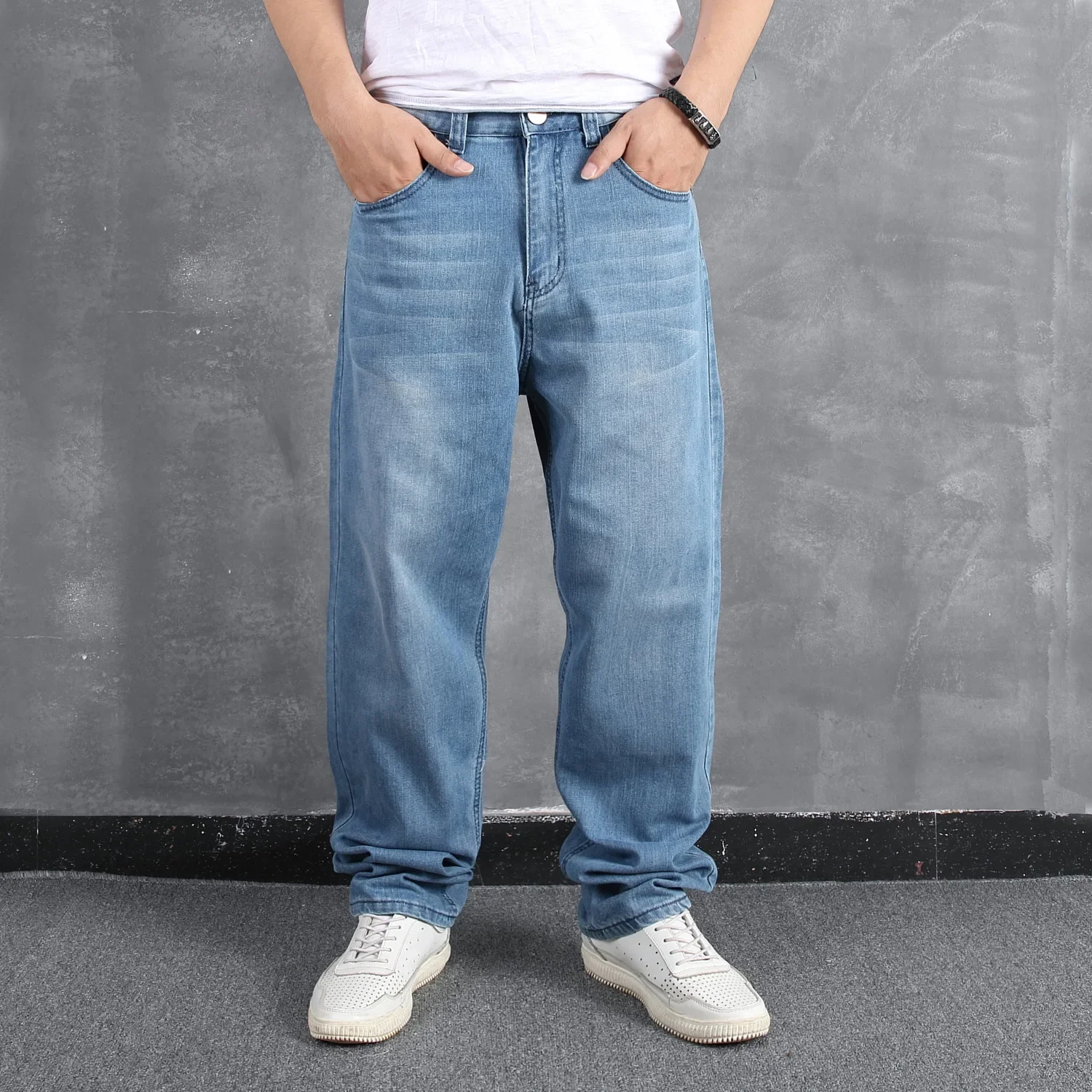 Men Stretch Jeans Straight Pants Denim Mid Waist Loose Fit Solid Color Vintage Basics Ankle Length Trousers 2024 Streetwear