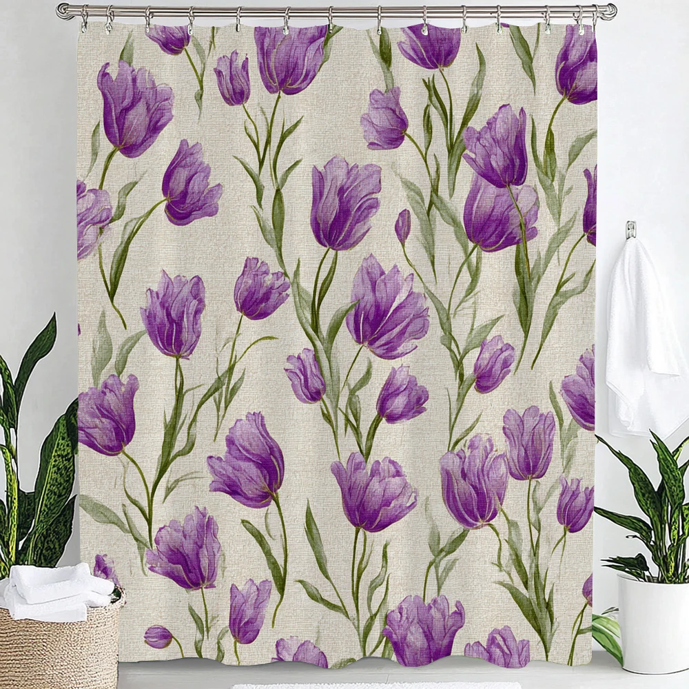 Watercolor Purple Tulip Shower Curtain Green Leaf Vine Linen Textured Background Vintage Floral All Over Print Waterproof Polyes