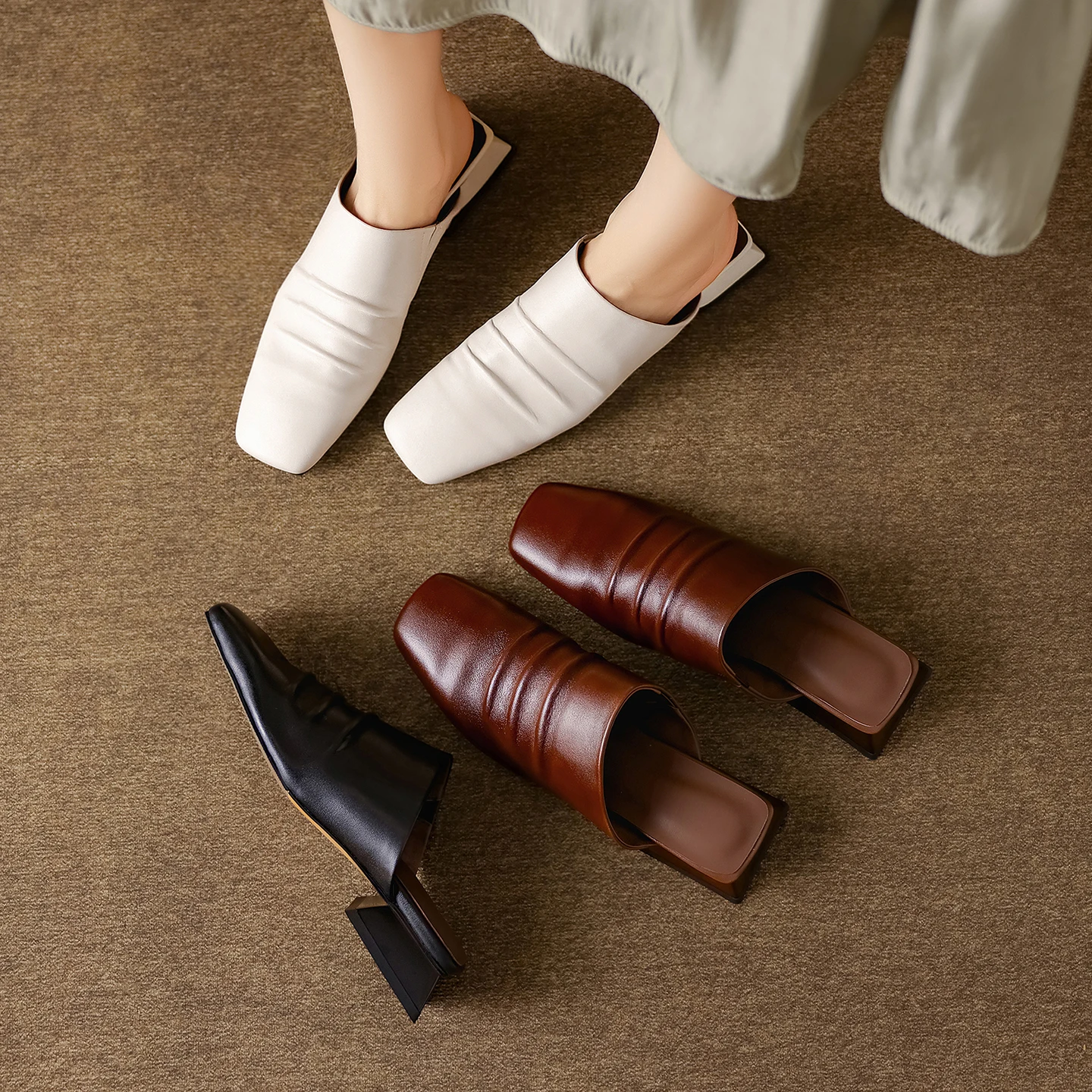 2026 new summer women sandals natural leather 22-25cm cowhide+sheepskin+pigskin pleated mules thick heel women slippers fashion