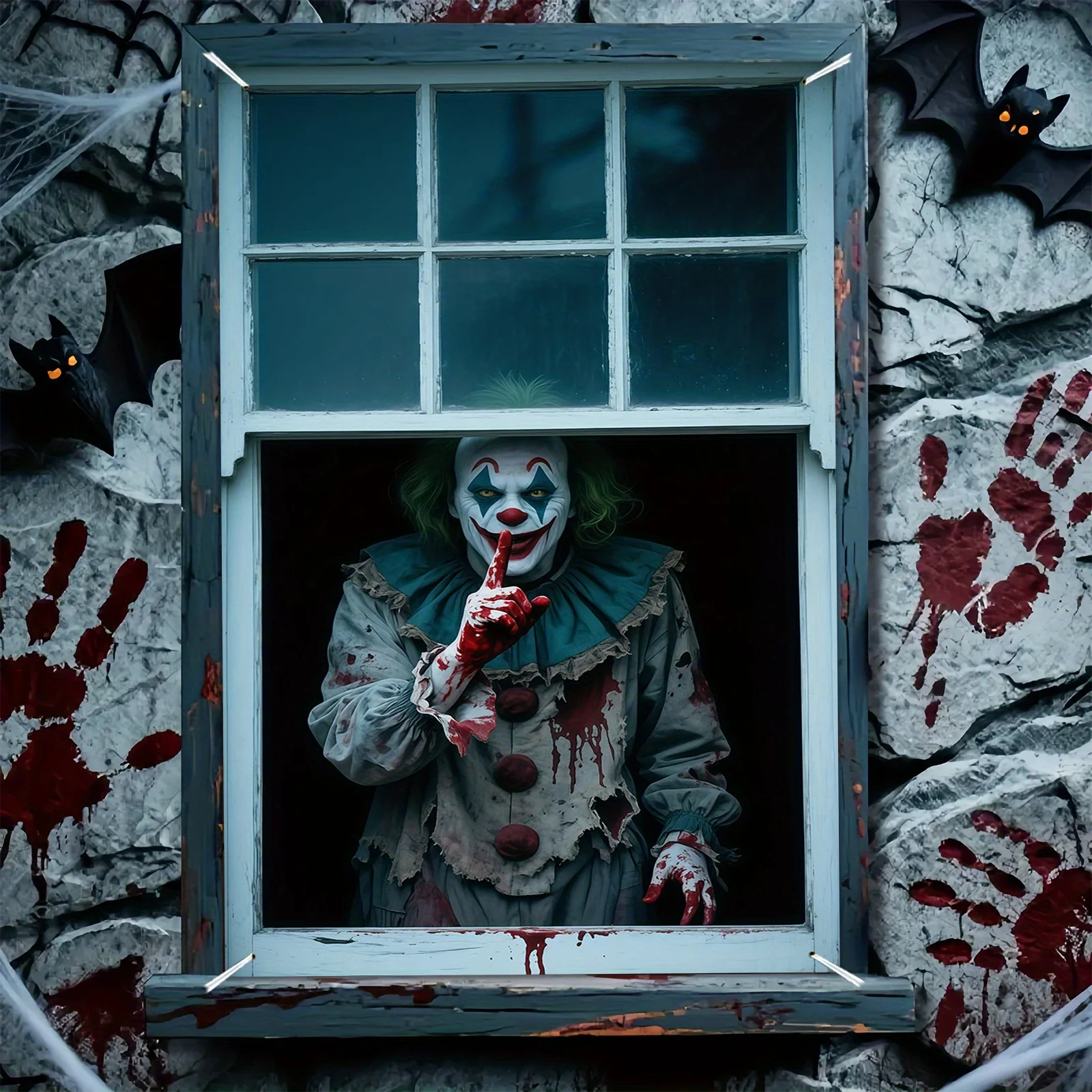 1 piece of 2D window sticker, Halloween party sticker‑self‑adhesive PVC with spooky carnival clown and blood‑splatter design