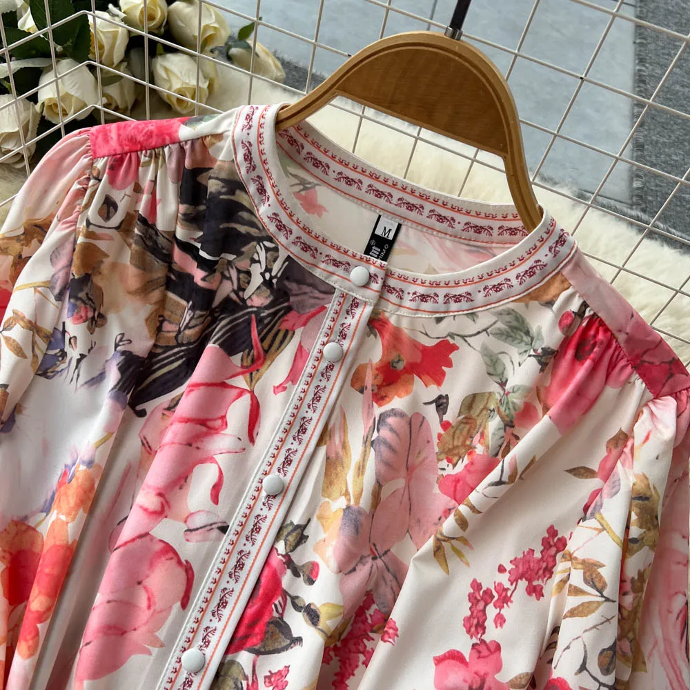 Vestido largo con estampado de flores para mujer, prenda elegante con cuello redondo, manga larga abullonada y cinturón, ideal para fiesta de vacaciones, Primavera, 2023