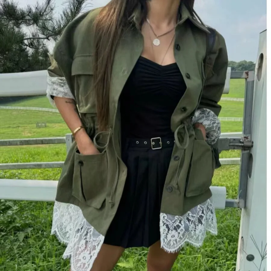 

SuperAen Korean-style Fashion Lace-embroidered Patchwork Coat for Women 2026 Spring New Pockets Drawstring Waist Tops