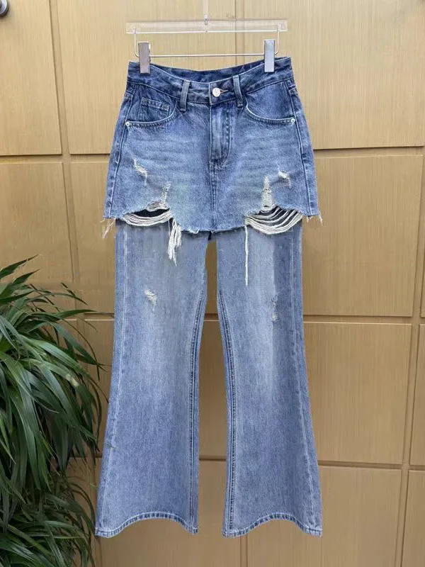 

Sweet And Spicy High Waist Slimming Denim Skirt Pants with Hole Fake Two-Piece Wide Leg Pants Stand Fit Long Pants for Women