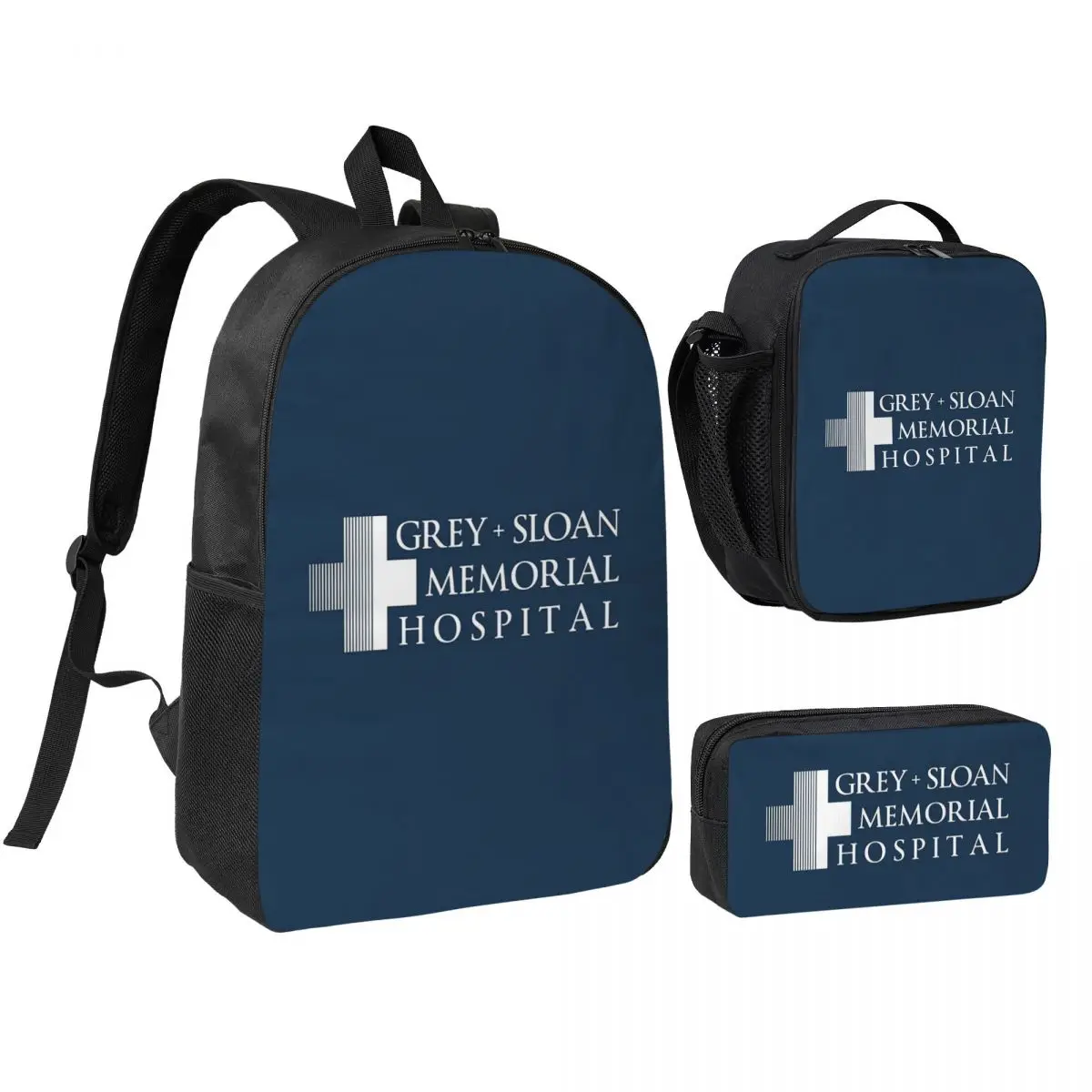 

Grey + Sloan Memorial Hospital Logo White Print Backpack BookBag School Bag Shoulder Bags 3ps Insulated Lunch Bag Pencil Case
