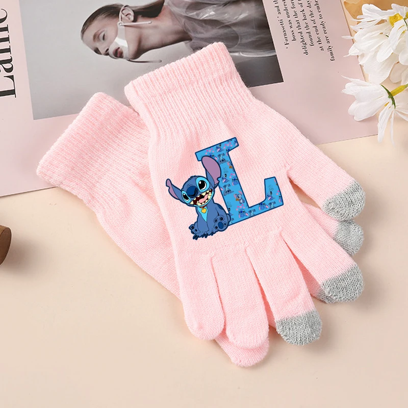 Cute Stitch Disney Girls Gloves Kawaii Cartoon Letter A-Z Printed Gloved Kids Winter Warm Accessories Children Christmas Gifts