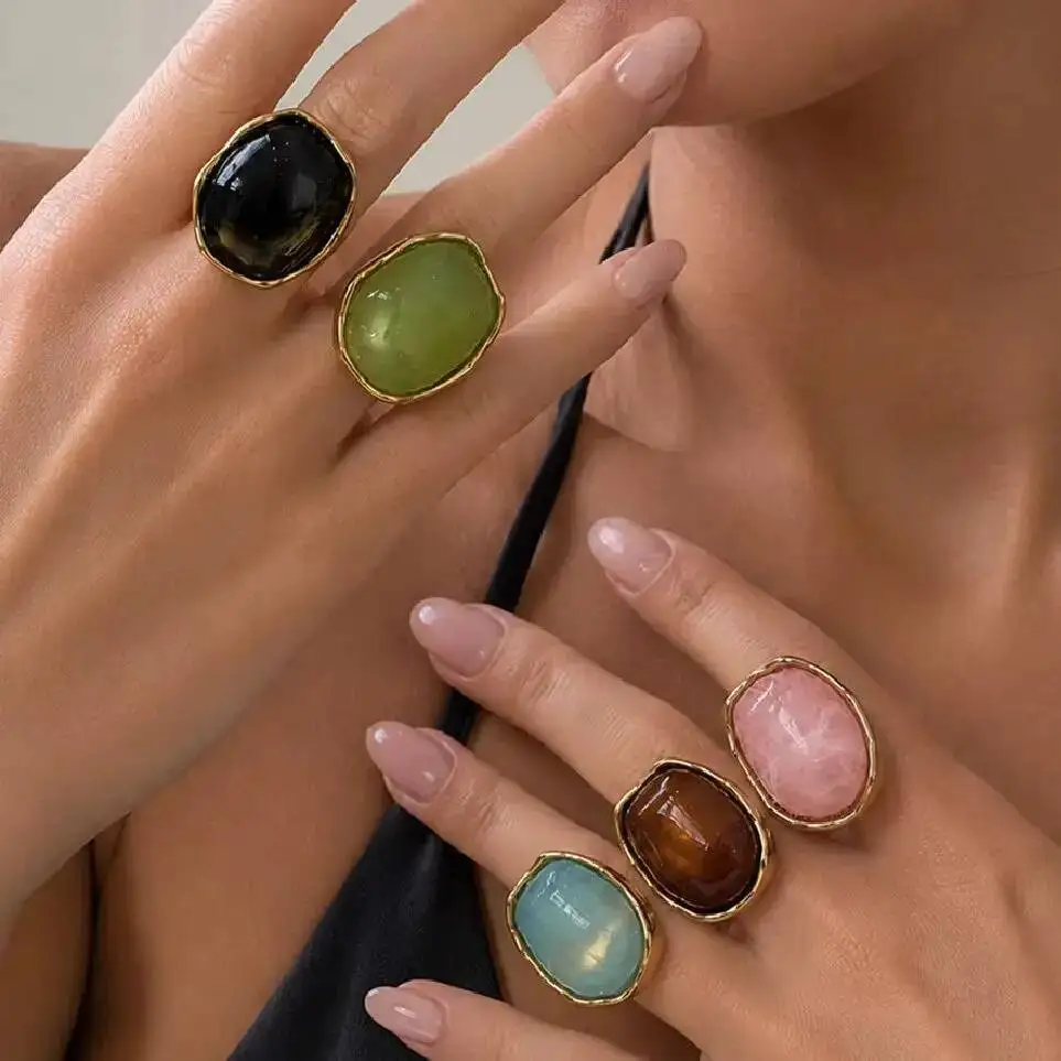 SHIXIN Exquisite Multi-Color Acrylic Resin Adjustable Ring Women 18K Gold Plated Stainless Steel Rings Summer Waterproof Jewelry