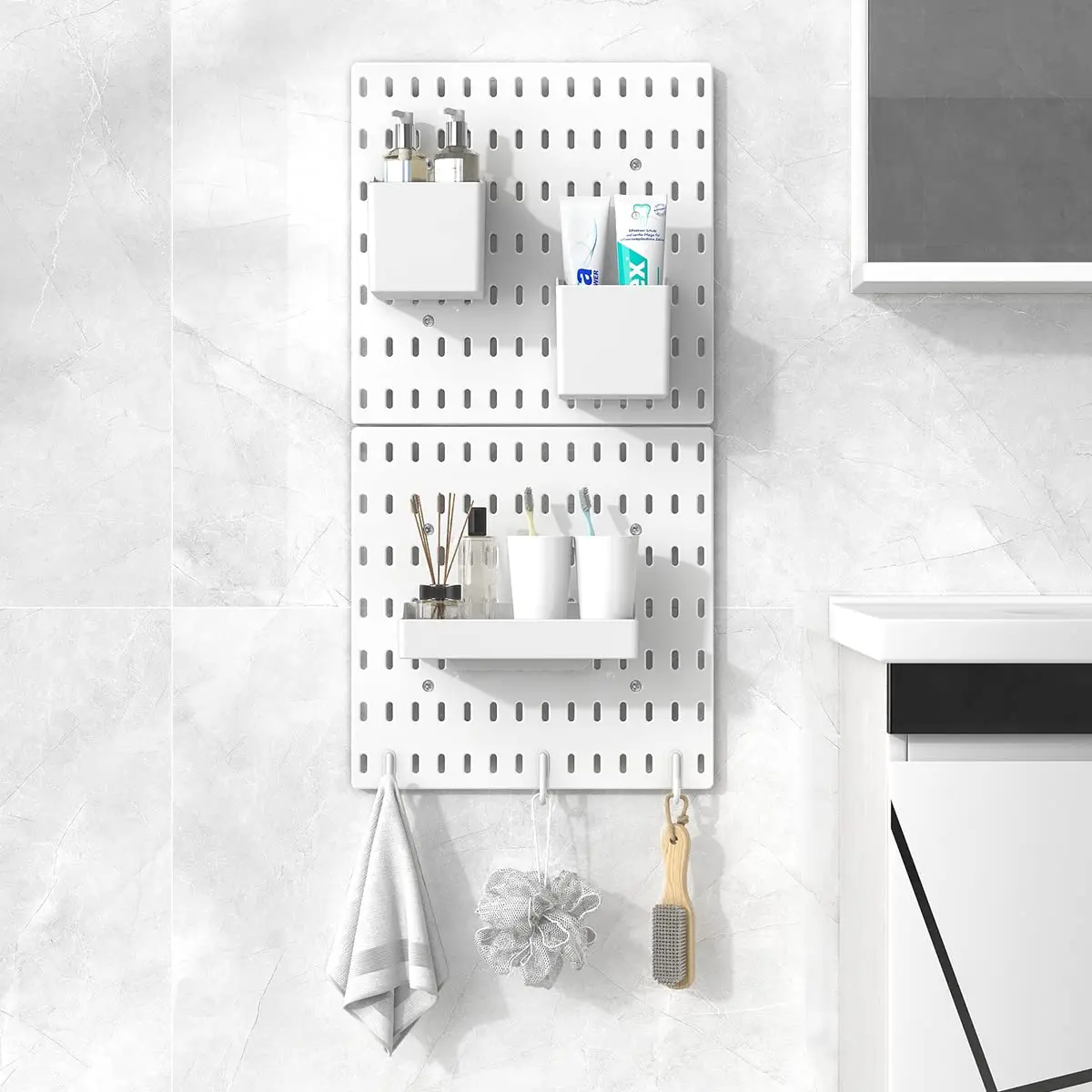 Pegboard Combination Wall Organizer Kit, 11 Accessories Hooks, Storage Bin, Wall Mount Display 2 piece Pegboard Panel, White