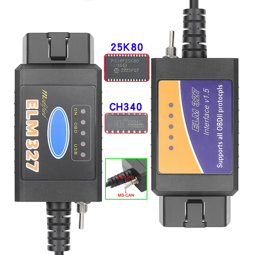 OBD2 ELM327 V1.5 USB Switch OBD Scanner for Focus ELM327 V1.5 PIC18F25K80 Modified Open Hidden for Ford Forscan HS-CAN/MS-CAN