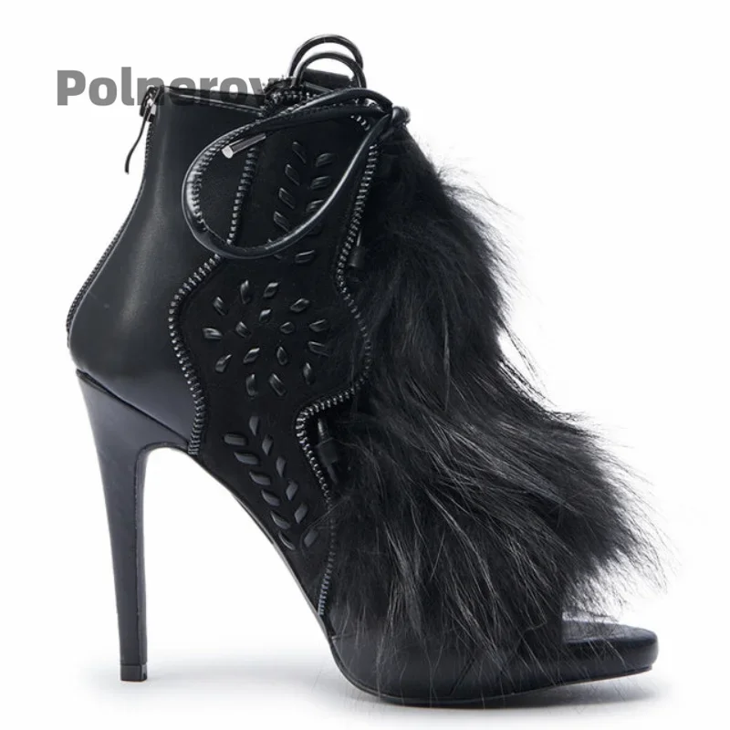 Strappy Fur Ankle Sandals Women High Heels Suede Leather Color-Block Patchwork Summer Boots Ladies Fashion Catwalk Party Shoes