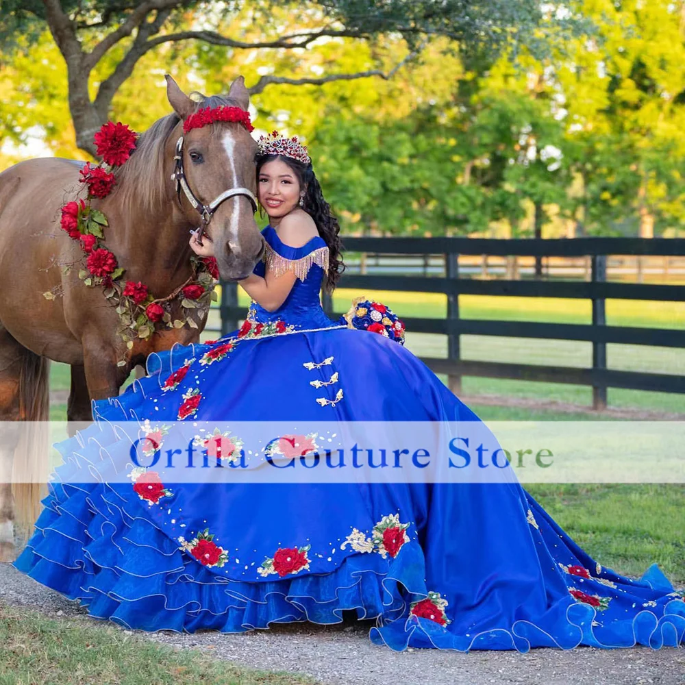 Charro vestidos de 15 años Blue Embroidery Quinceanera Dresses Off The Shoulder Sweet 16 Mexican Girls XV Prom Gowns