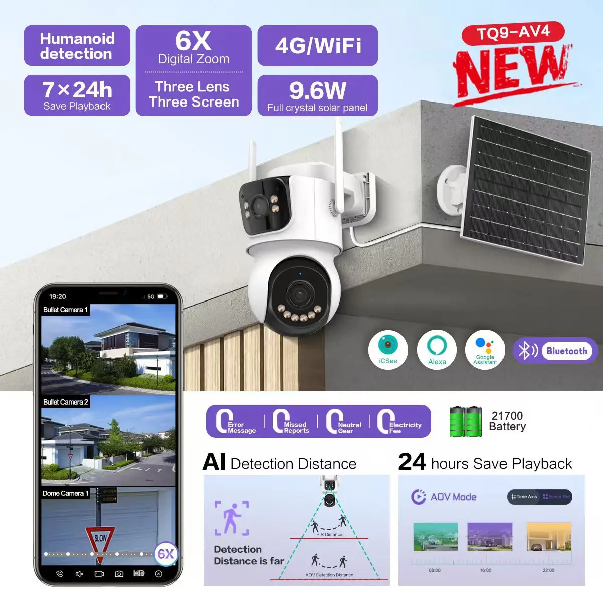 Cámara de seguridad de Metal Icsee 8MP 4K visión nocturna a todo Color WiFi 4G AOV cámara CCTV PTZ Solar de seguridad de doble lente inalámbrica para exteriores