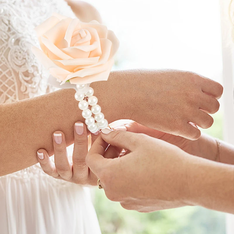 Muñequeras elásticas de perlas para niña, pulsera de dama de honor, ramillete de muñeca de boda, fiesta de boda, decoración de muñeca de flores de mano Proom, 5 piezas