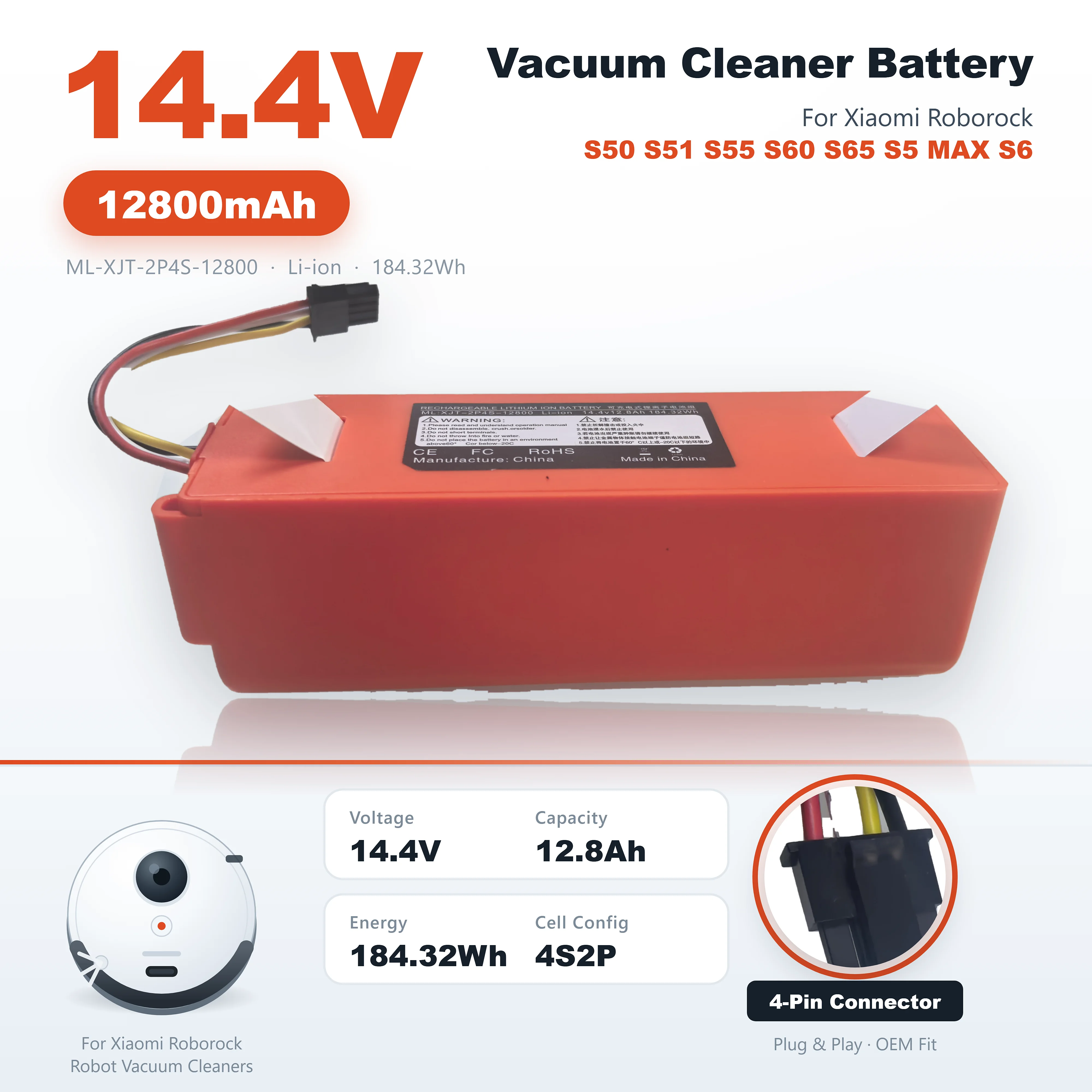 Batteria di ricambio agli ioni di litio da 14,4 V e 12800 mAh per aspirapolvere robot Xiaomi Roborock S4 S5 S6 S7 S50 S51 S55 S60, batteria di ricambio ad alta capacità compatibile con sistema BMS.