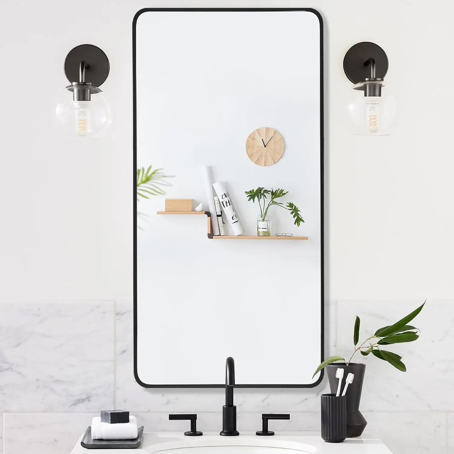 20x40 Inch Bathroom Mirror with Black Metal Frame, Rounded Corner Rectangle Mirror for Wall, Rectangular Vanity Mirror, Modern L