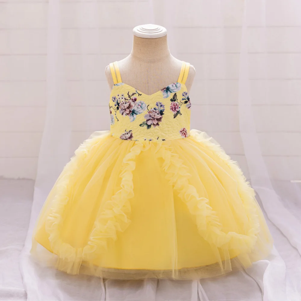 

Summer Yellow Dress For Baby Girls Flower Embroidery Party Dresses Toddler Girl Fashion Tulle Clothes Birthday Baptism Costumes