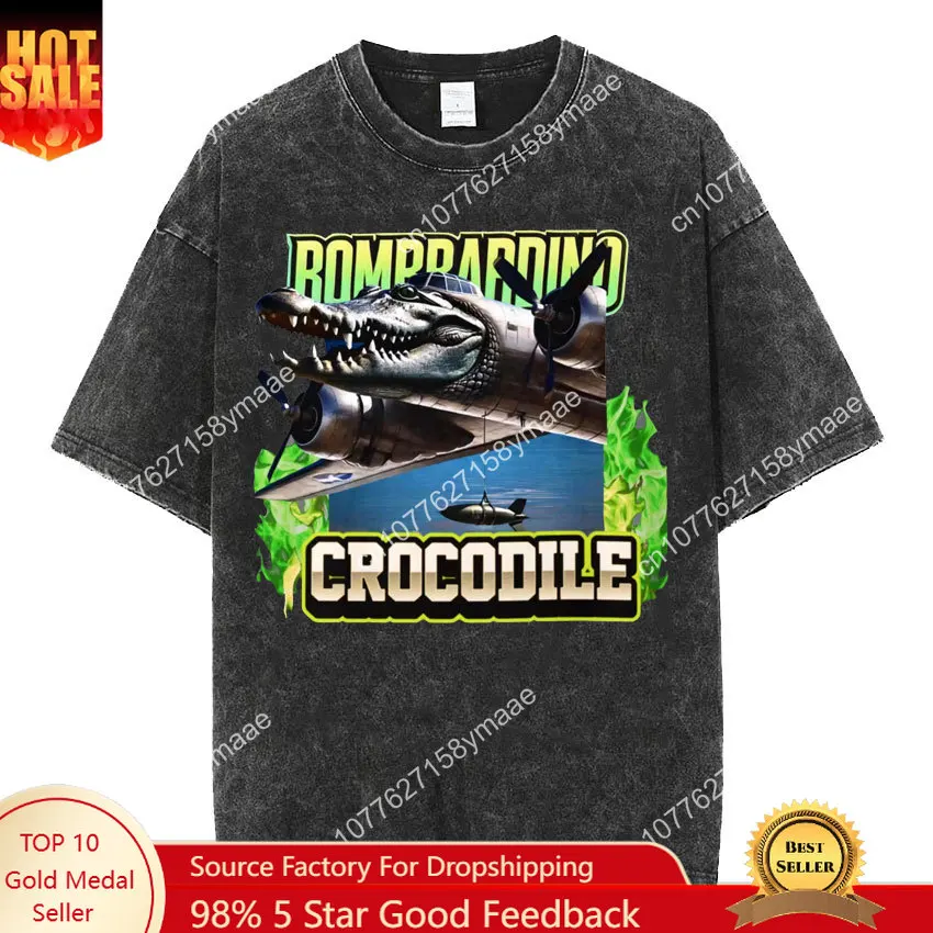 

Bombardino Crocodile Funny Reptile Meme T-shirts Men's Women Hip Hop Vintage Washed T Shirt Casual 100% Cotton Oversized T-shirt