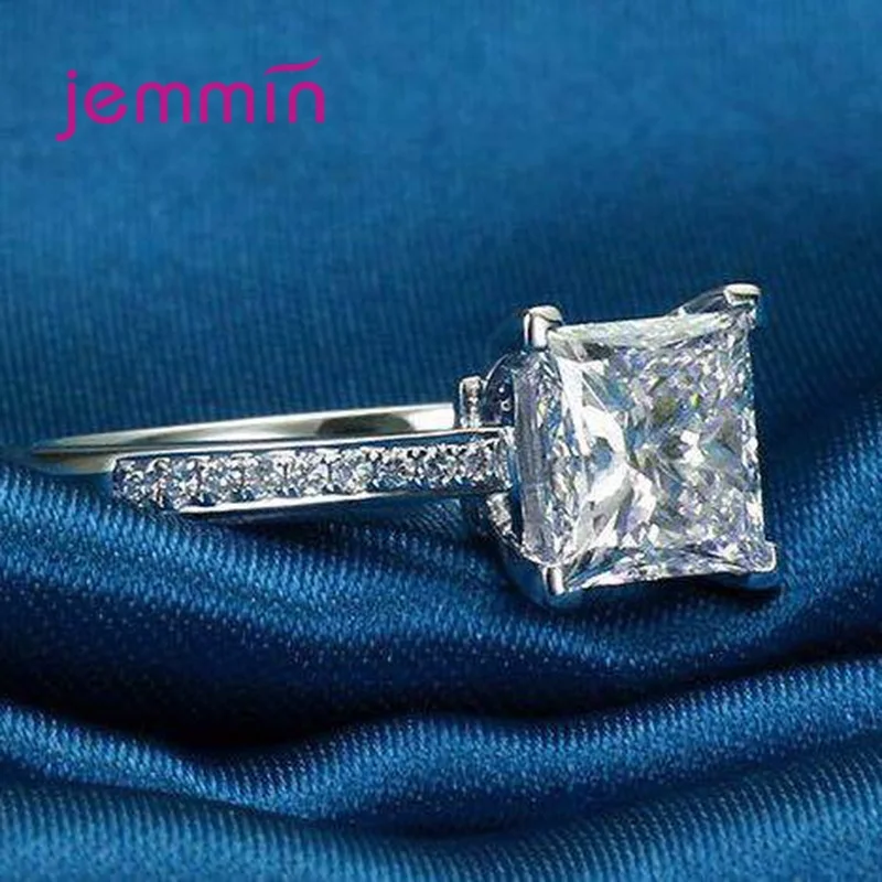 Popular Square Geometric Charms Rings Fine 925 Sterling Silver Full CZ Crystal Inlay Paved Women Wedding Engagement Bague