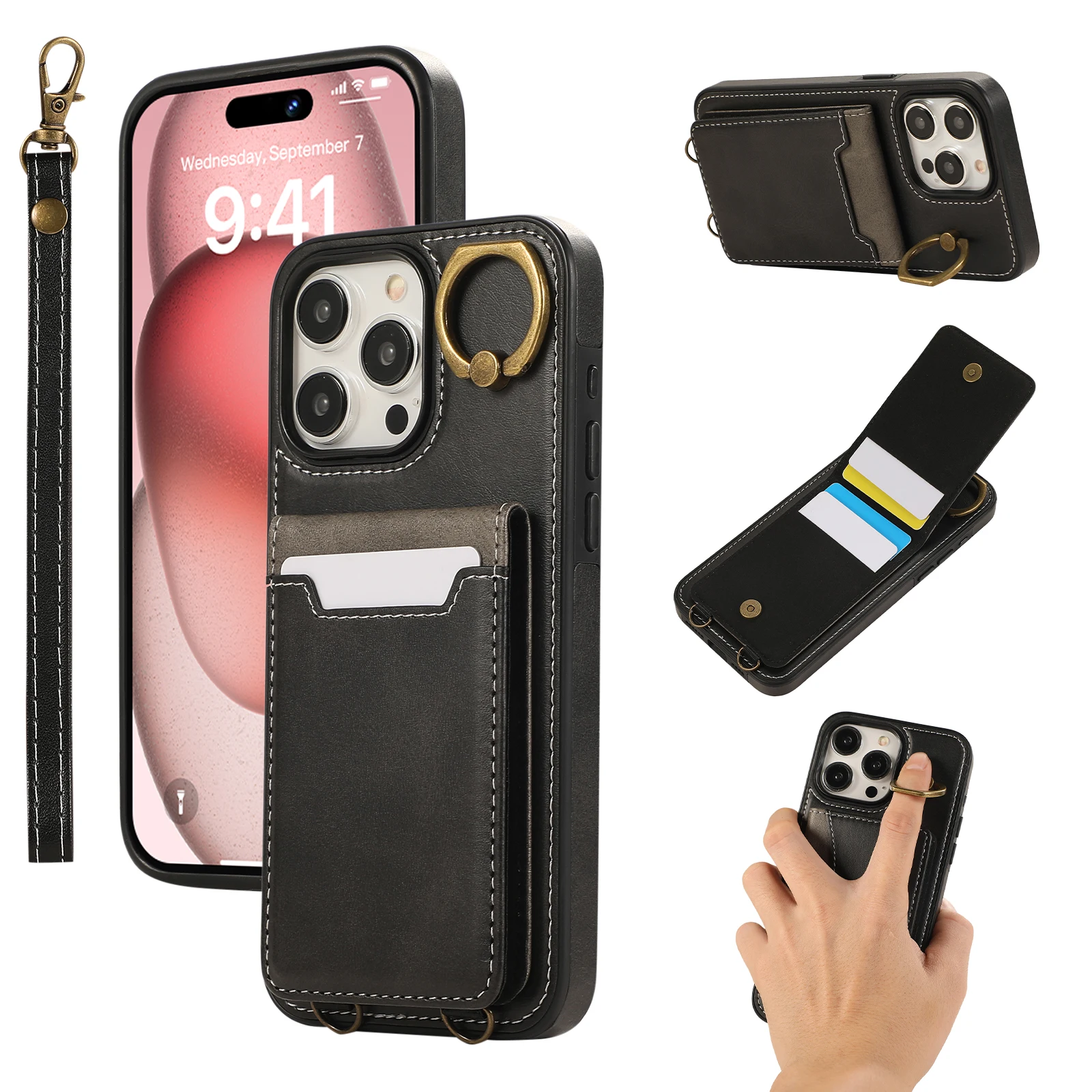 

Shockproof Leather Flip Card Holder Wallet Case for iPhone 15 Pro Max 14 Plus 13 12 11 XR Xs, Metal Ring Kickstand Cover Lanyard