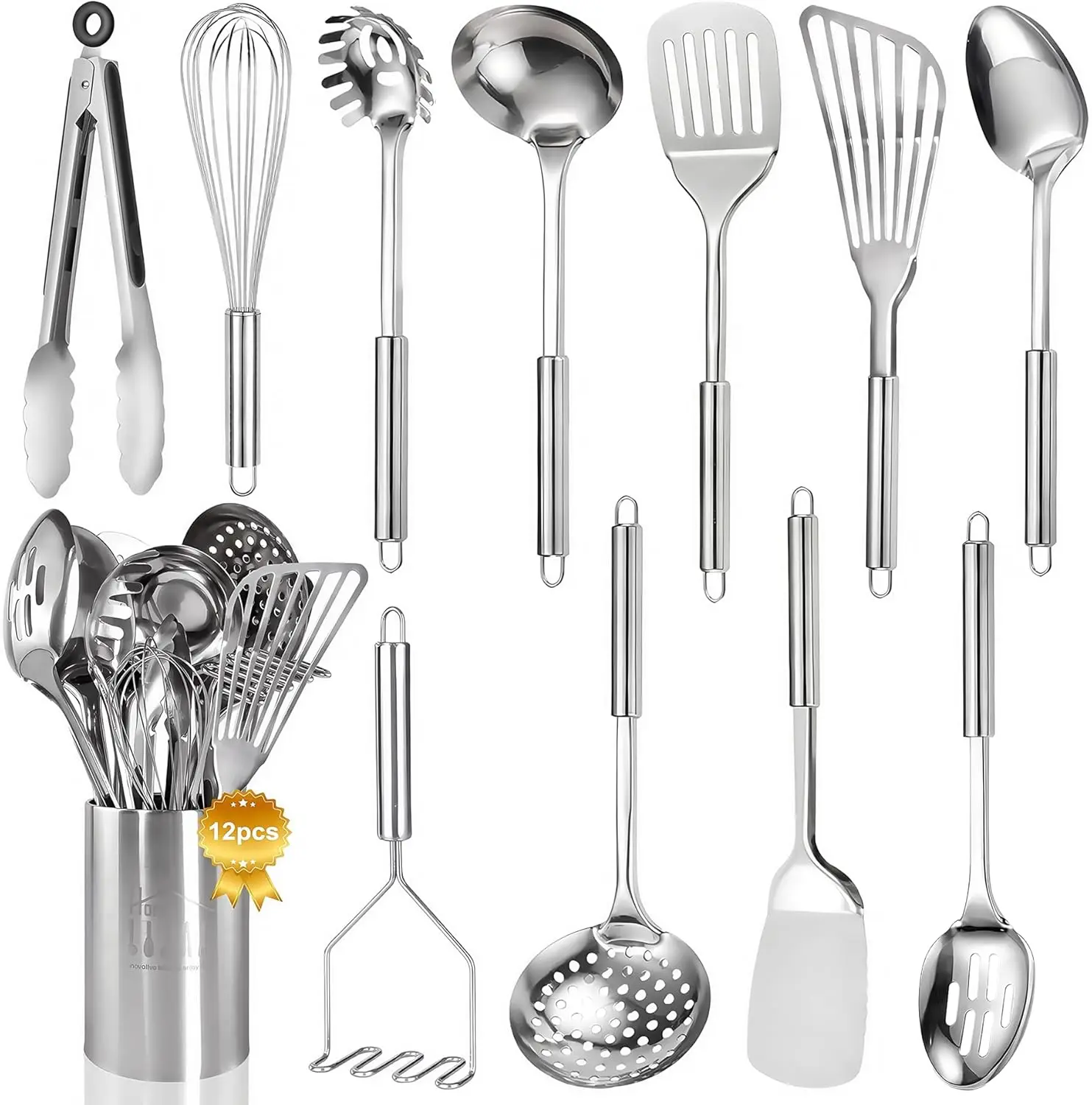 

Stainless Steel 12pcs Kitchen Utensil Set with Holder, Heat Resistant Cooking Tools