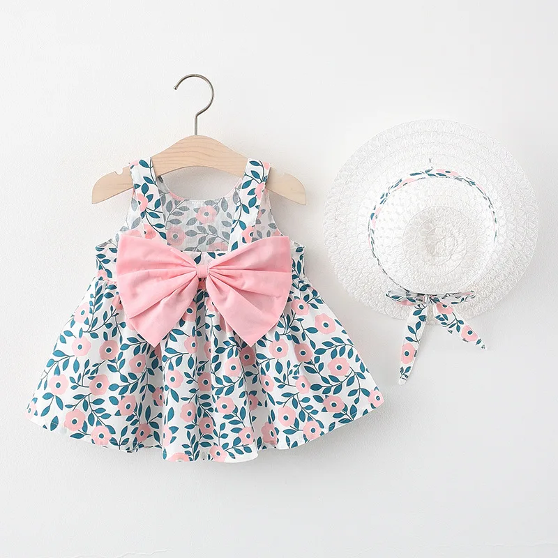 2Piece Summer Newborn Girl Clothes Korean Flowers Cute Bow Sleeveless Beach Baby Princess Dress+Sunhat Toddler Dresses BC2012-1