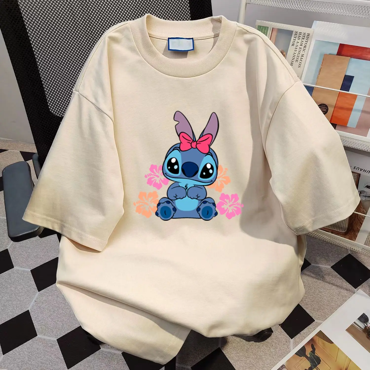 

Pure Cotton Summer Short-sleeved Stitch Printed Top for Leisure and Vacation Korean Version The Trend Lazy Style T-shirt Loose