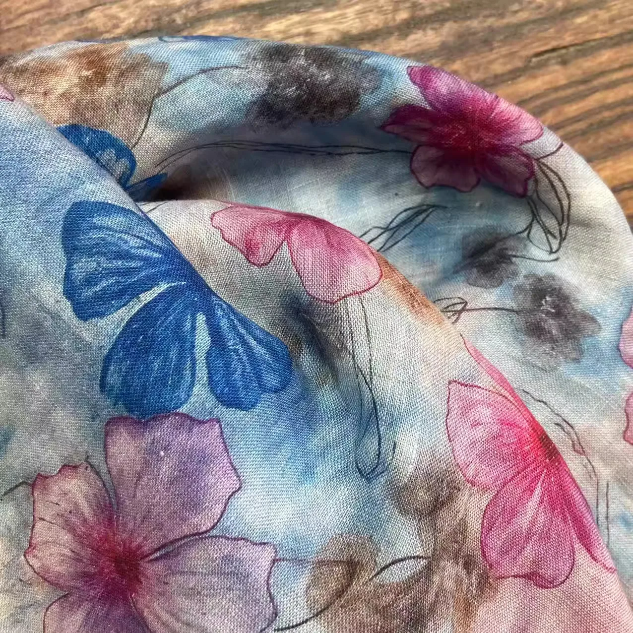 1yard High quality ramie fabric for material Blue Pink Flower Dream painting telas Shirt pants dress cheongsam fabrics
