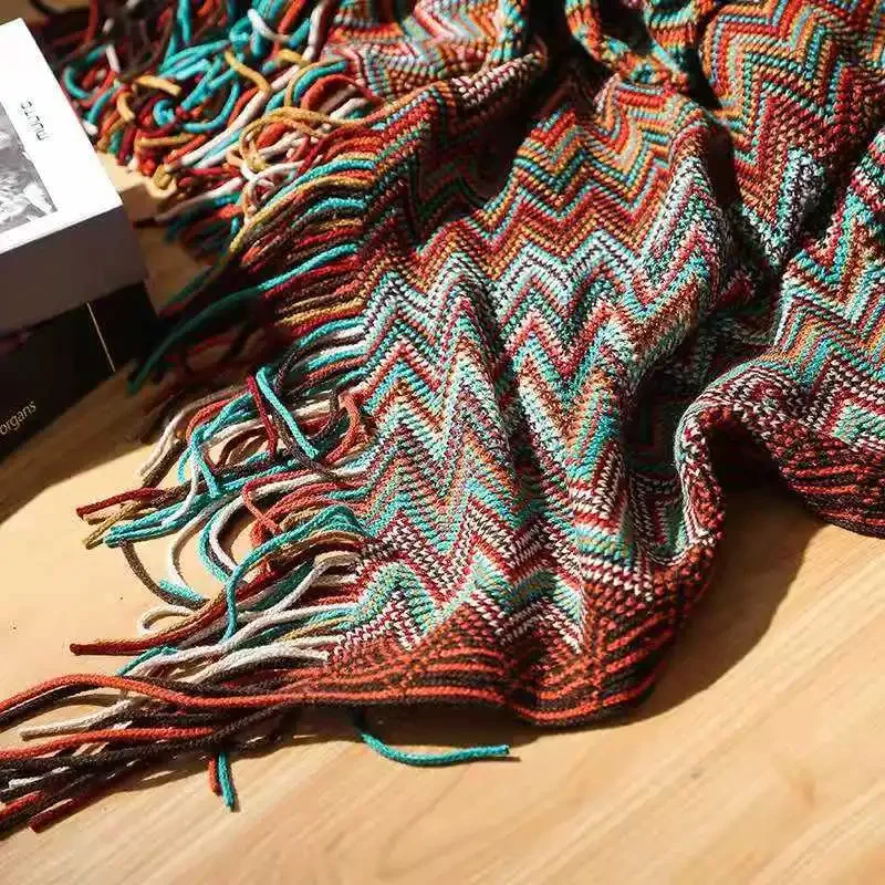 Bohemian Bed Blanket Knit Model Home Decoration, Colorful Striped Sofa Cover, Large Size Bedspread, Hotel Bed End Towel Cover