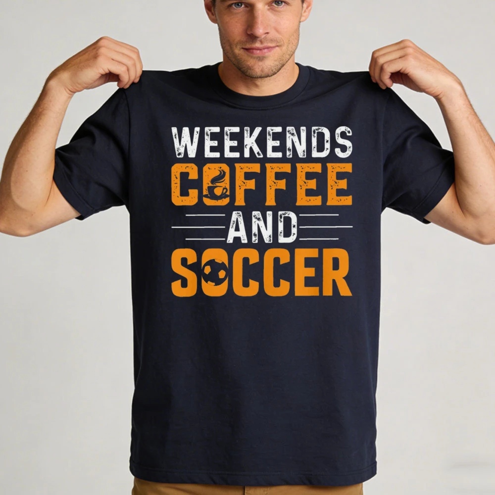 Vintage Two-Tone Distressed Print T-Shirt Weekends Coffee And Soccer Sport Quote Men Cotton Summer Soccer Fan Gift Tee