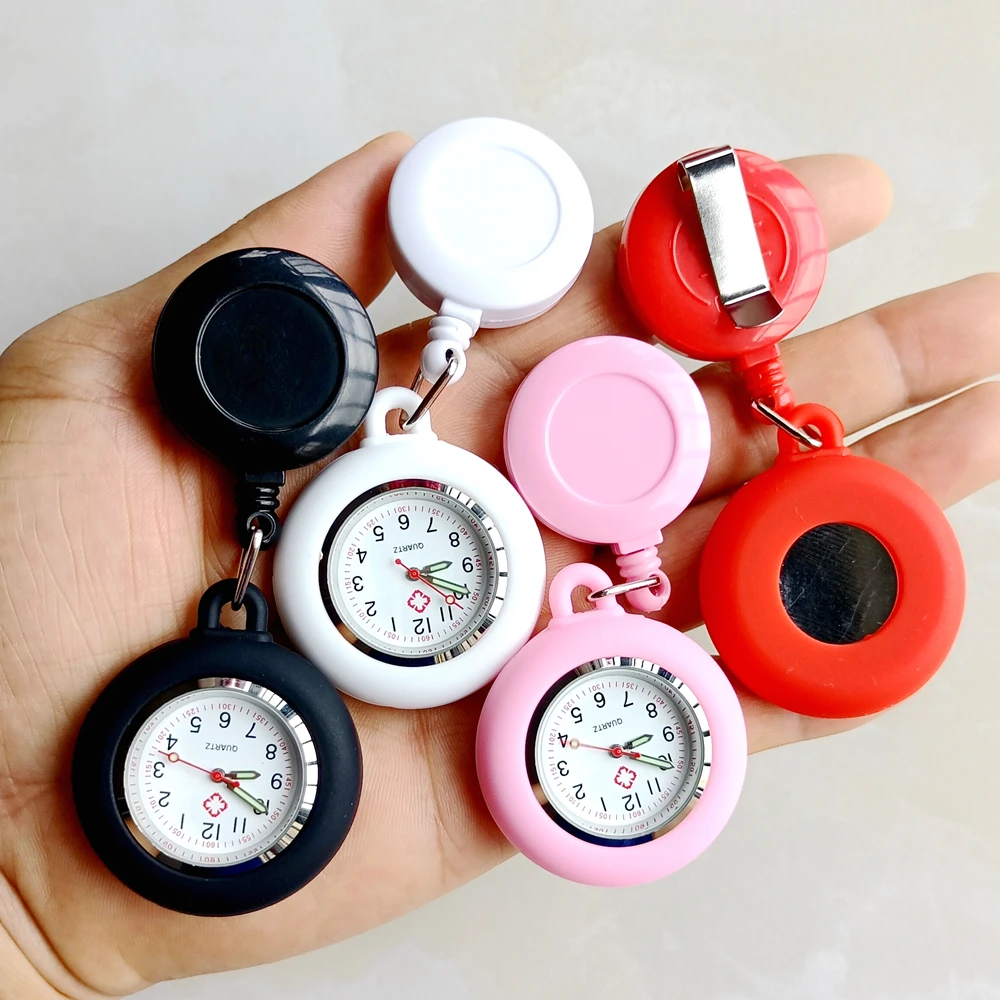 Colourful Blank Badge Reel Retractable Nurse Doctor Silicone Pocket Watch Fashion Hospital Hang Clips Quartz Gift Watches Clock