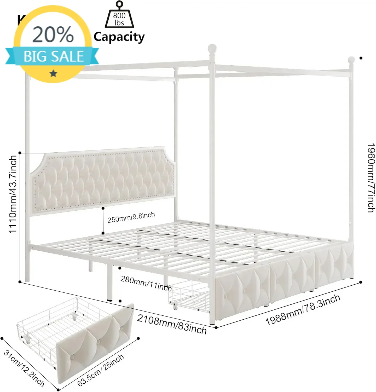 

Бестселлер XMSJ.King: Мягкая кровать-балдахин с 3 ящиками и изголовьем с пуговичной стежкой, металлическая кровать-платформа с 4 ящиками