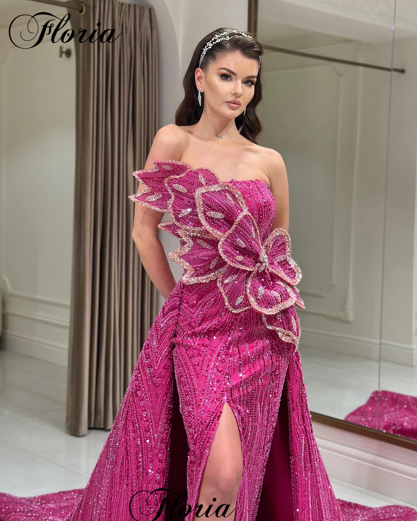 New Fuchsia Mermaid Evening Dresses With Detachable Train Strapless Sexy Celebrity Dress Party Dress Robes De Soirée Customized