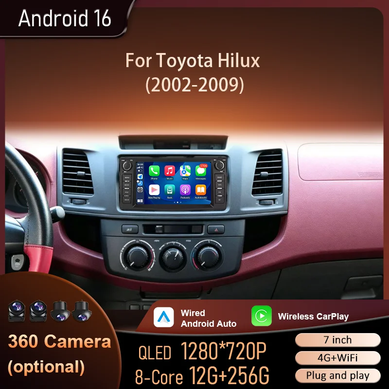 Android 16 Car  GPS Navigation For Toyota Hilux 2002-2009 Auto Multimedia Player QLED Screen Dash Cam Carplay NO 2din 4G Wifi