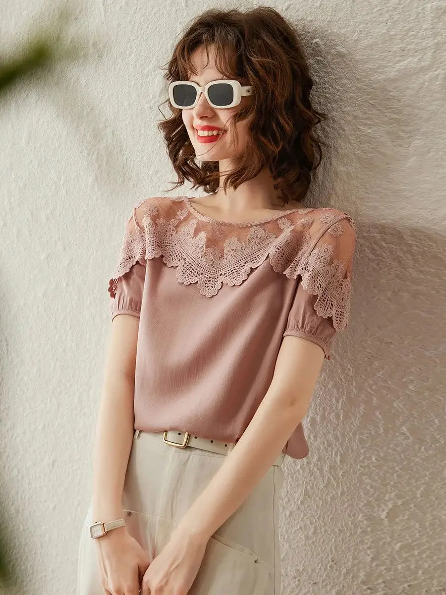 LOUIS YAO Women Shirt 2024 Spring New Lace Blouses Round Neck Short Sleeve Loose Fit Casual Fashionable Elegant Women\'s Top