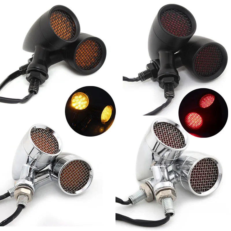 2 pair Motorcycle Aluminium Retro LED Turn Signal Lamp Brake Light Mesh Lens For Harley Yamaha Honda Cafe Racer Chopper Bobber