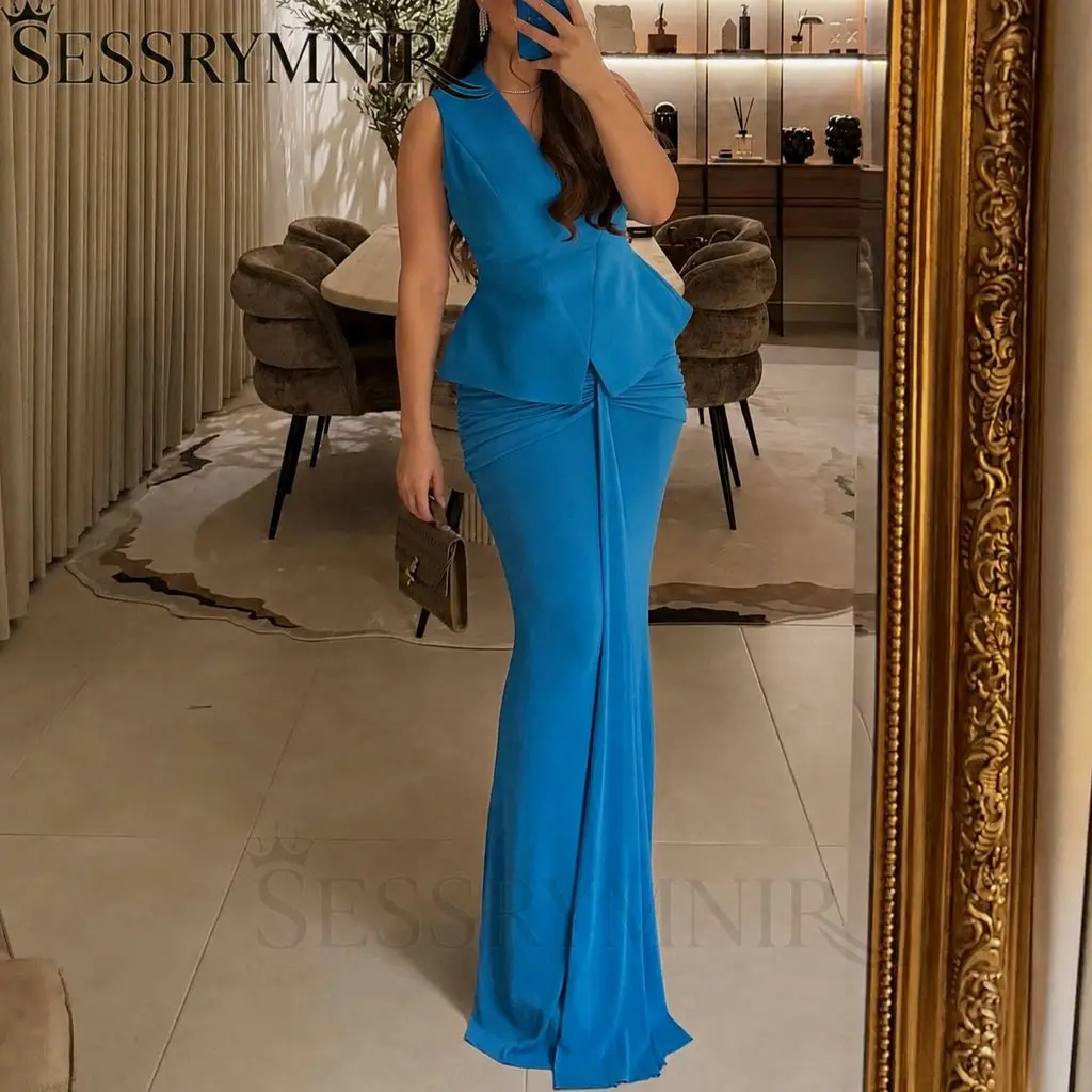 SESSRYMNIR Women'S Formal Evening Gowns Customize Deep V-Neck Blue A-Line Evening Dresses Floor-Length Ruffle Zipper Up Sleevele