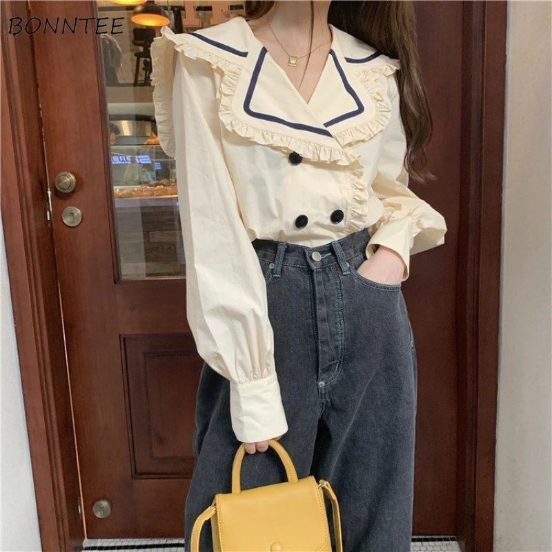 Ins Ruffled Peter Pan Collar Shirt Women All-match Korean Style Trendy Sweet Lovely Girls Streetwear Casual Students Autumn Tops