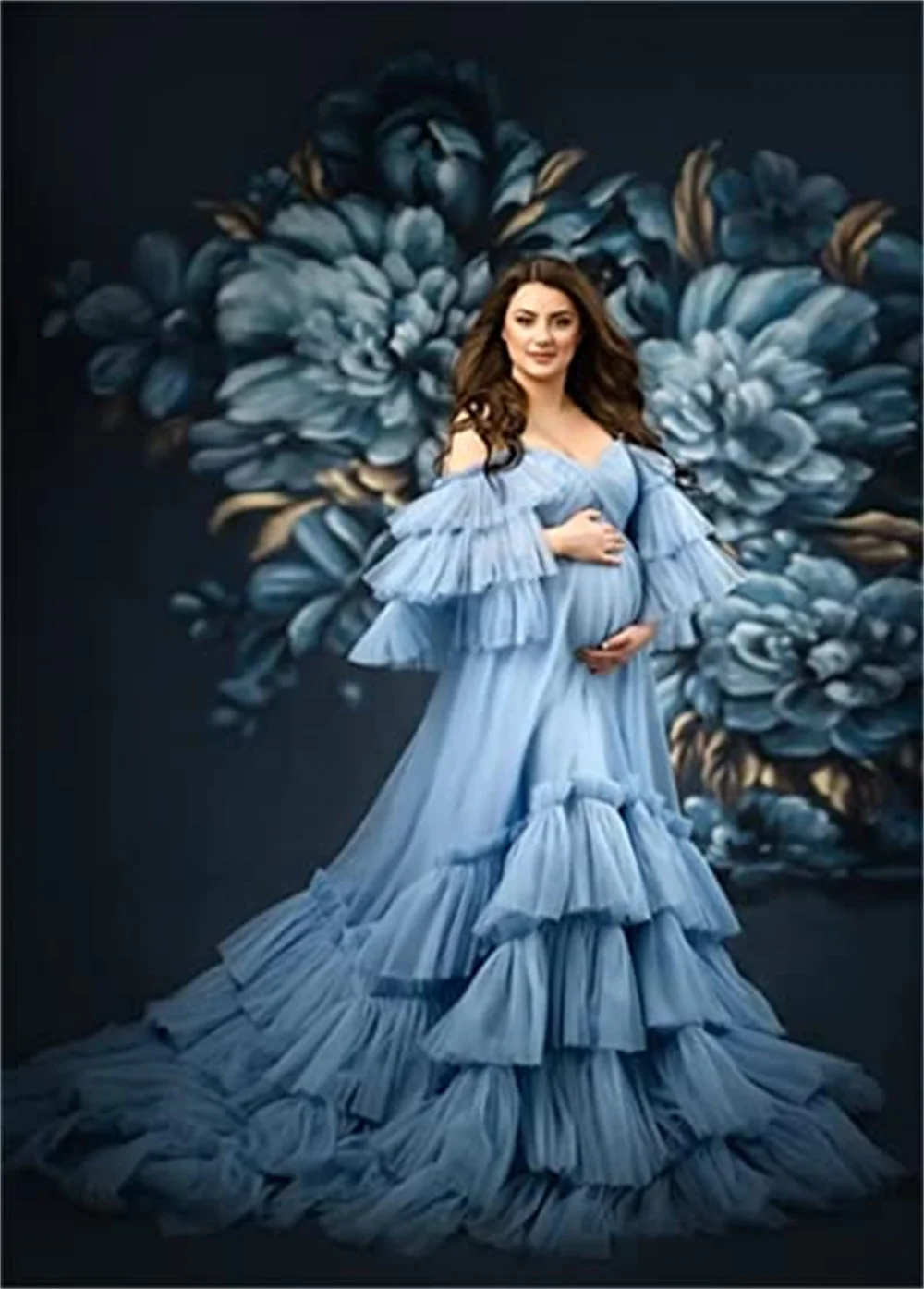 Puffy Tulle Robe Maternity Dresses for Photoshoot Long Sheer Bridal Lingerie Off Shoulder Baby Shower Pregnancy Gowns