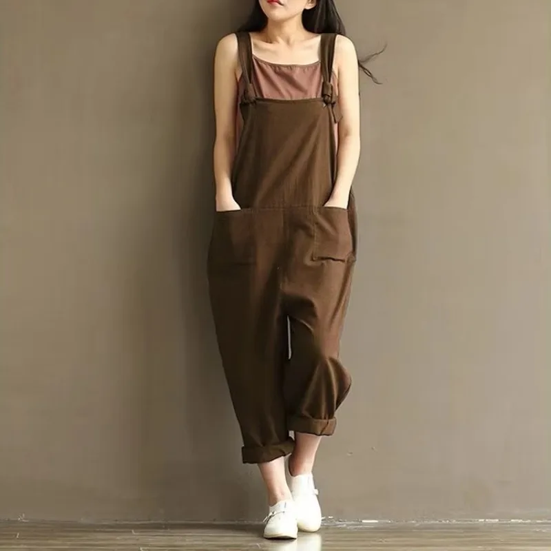 Women's Solid Color Simple Strap Jumpsuit Sanded Cotton Loose Casual Trousers with Pockets Daily Commuter Clothes S-5XL